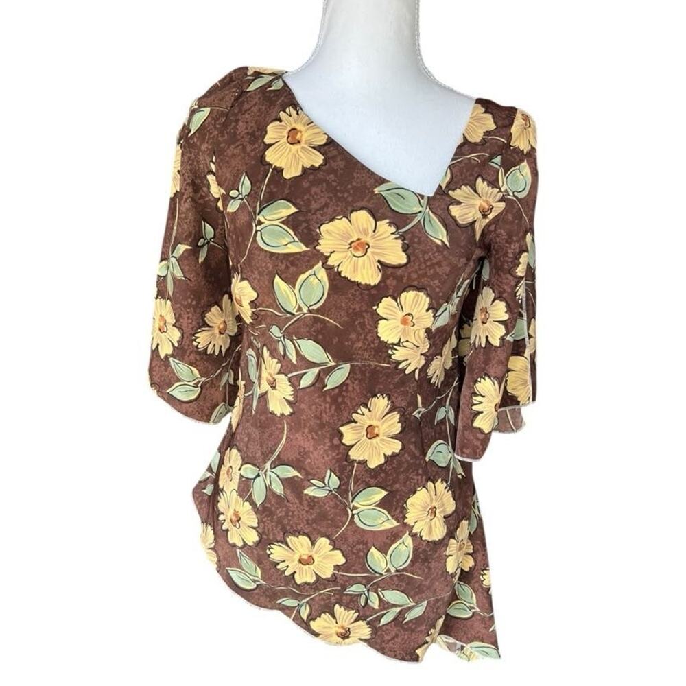 Boy Pestano Vintage Satin Career Blouse Bell Sleeve Floral Asymmetrical Size S